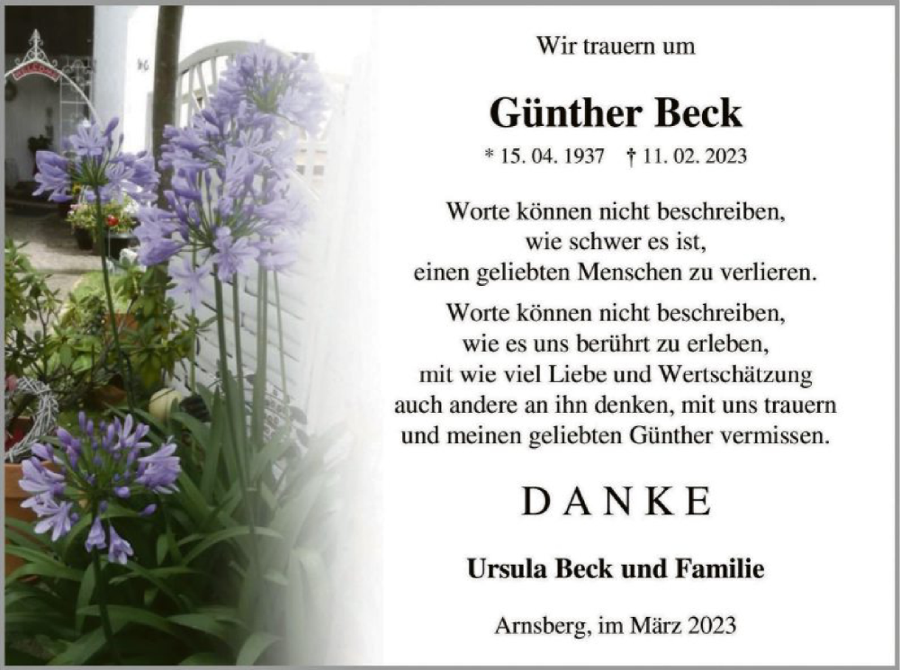  Traueranzeige für Günther Beck vom 25.03.2023 aus WA