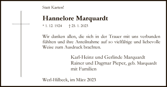 Traueranzeige von Hannelore Marquardt von WA