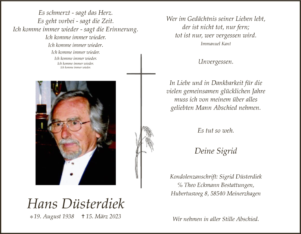  Traueranzeige für Hans Düsterdiek vom 18.03.2023 aus WA