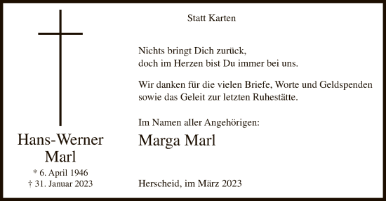 Traueranzeige von Hans-Werner Marl von WA