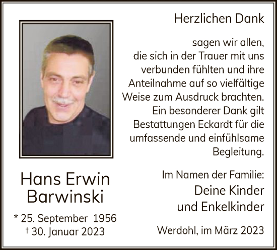 Traueranzeige von Hans Erwin Barwinski von WA