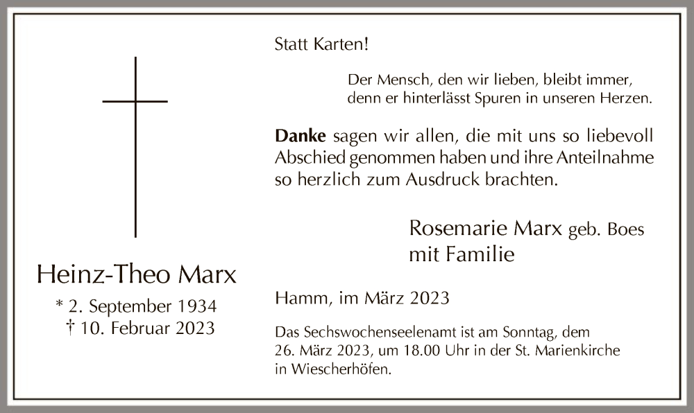  Traueranzeige für Heinz-Theo Marx vom 18.03.2023 aus WA