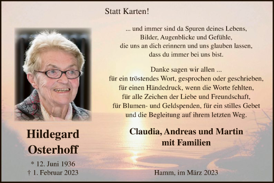 Traueranzeige von Hildegard Osterhoff von WA