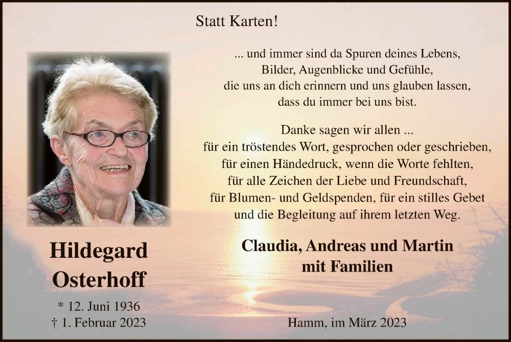  Traueranzeige für Hildegard Osterhoff vom 18.03.2023 aus WA