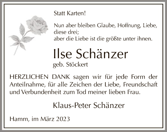 Traueranzeige von Ilse Schänzer von WA