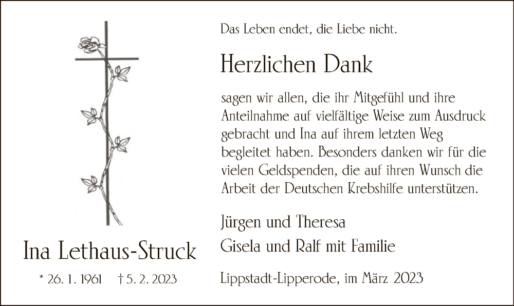  Traueranzeige für Ina Lethaus-Struck vom 11.03.2023 aus WA