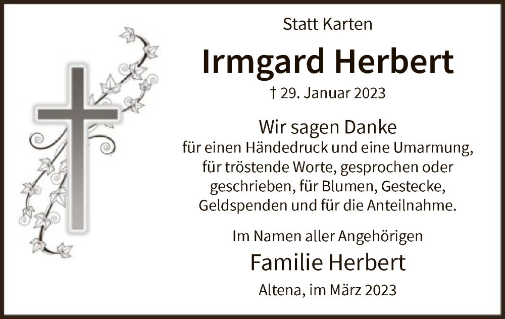  Traueranzeige für Irmgard Herbert vom 24.03.2023 aus WA