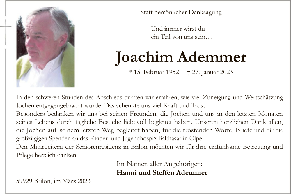  Traueranzeige für Joachim Ademmer vom 25.03.2023 aus WA