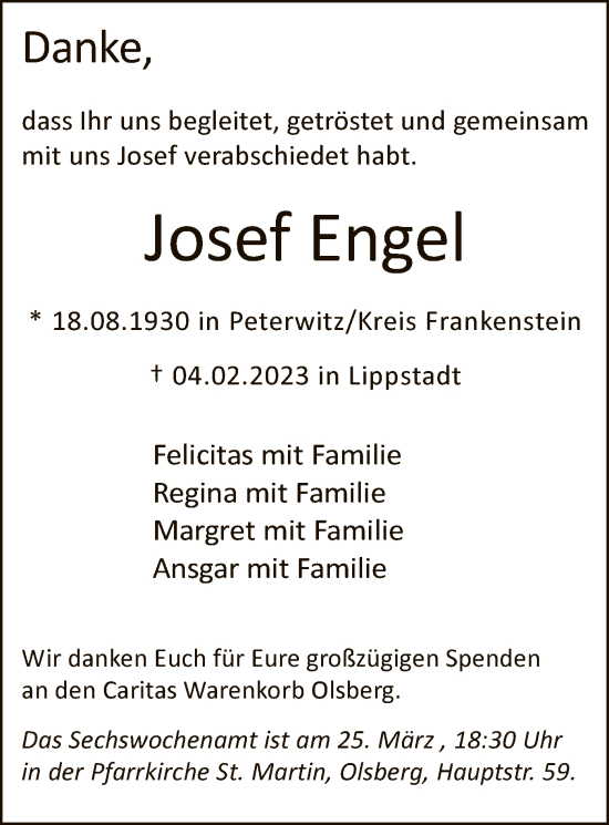 Traueranzeige von Josef Engel von WA