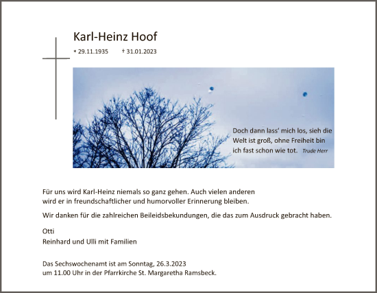 Traueranzeige von Karl-Heinz Hoof von WA