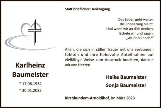 Traueranzeige von Karlheinz Baumeister von WA