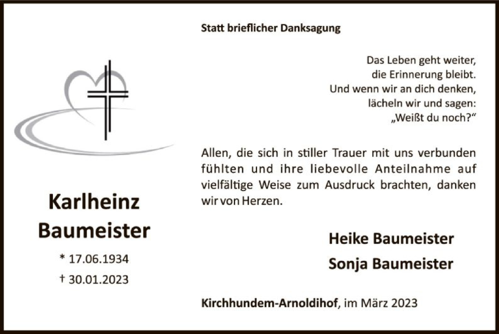  Traueranzeige für Karlheinz Baumeister vom 25.03.2023 aus WA
