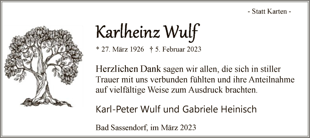  Traueranzeige für Karlheinz Wulf vom 03.03.2023 aus WA