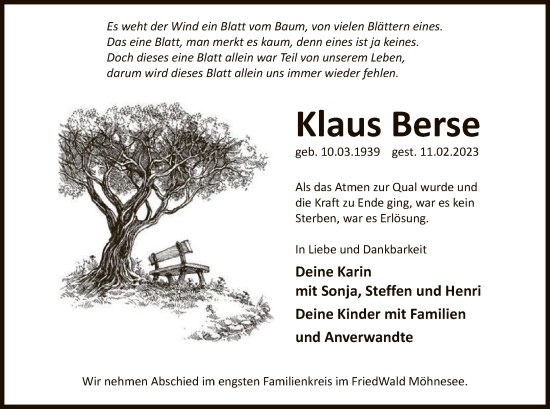 Traueranzeige von Klaus Berse von WA