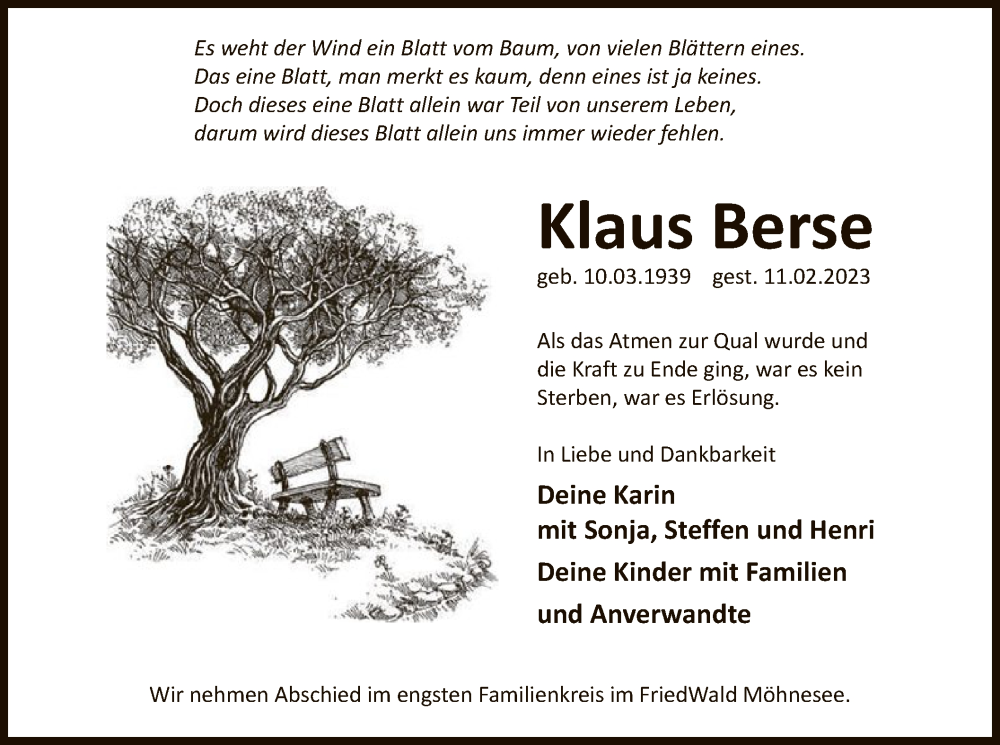  Traueranzeige für Klaus Berse vom 04.03.2023 aus WA