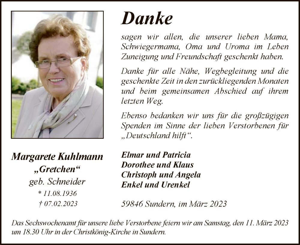  Traueranzeige für Margarete Kuhlmann vom 04.03.2023 aus WA