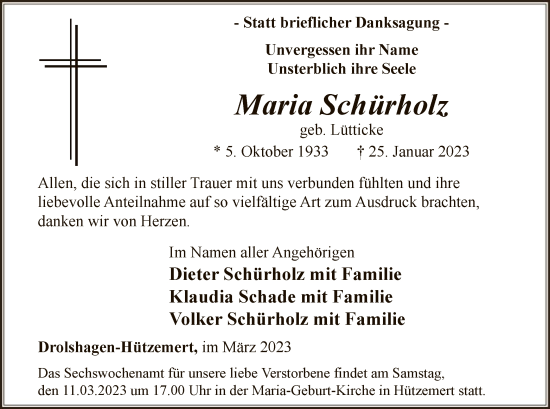 Traueranzeige von Maria Schürholz von WA