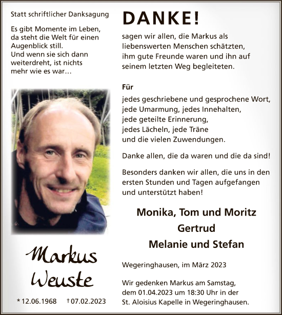 Traueranzeige von Markus Weuste von WA