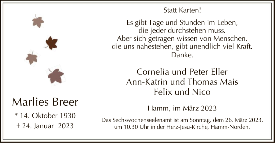 Traueranzeige von Marlies Breer von WA