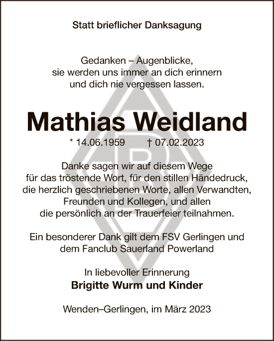Traueranzeige von Mathias Weidland von WA