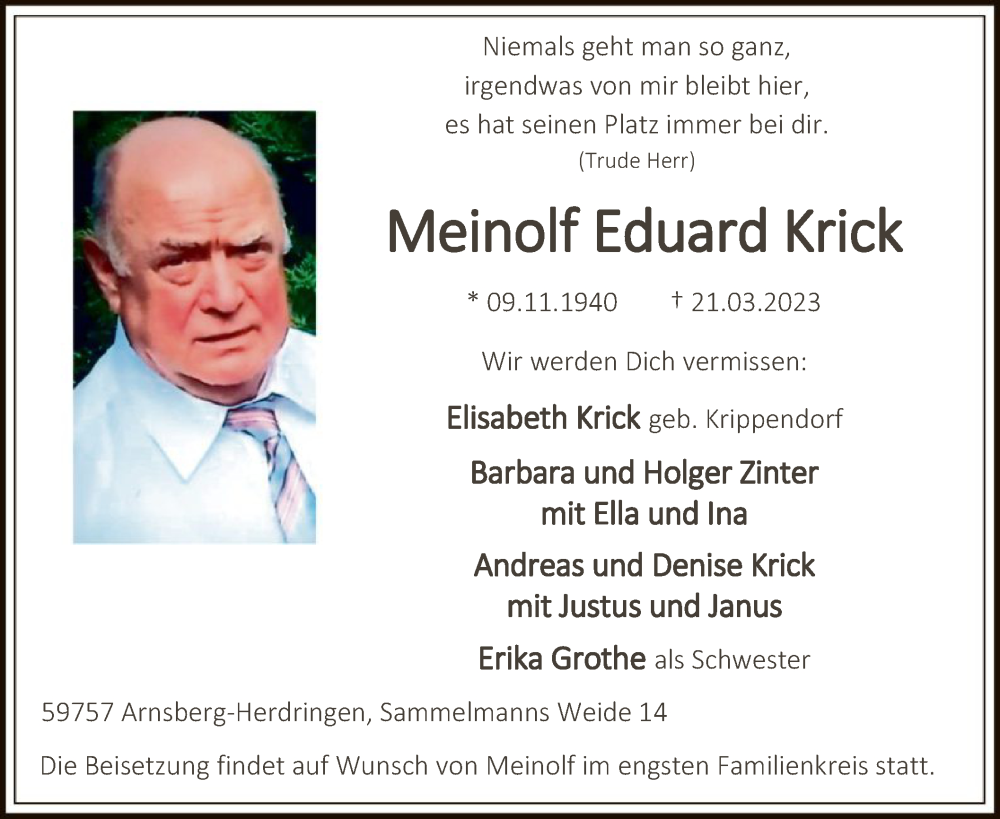  Traueranzeige für Meinolf Eduard Krick vom 25.03.2023 aus WA