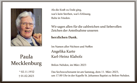 Traueranzeige von Paula Mecklenburg von WA