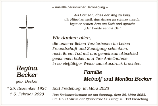 Traueranzeige von Regina Becker von WA