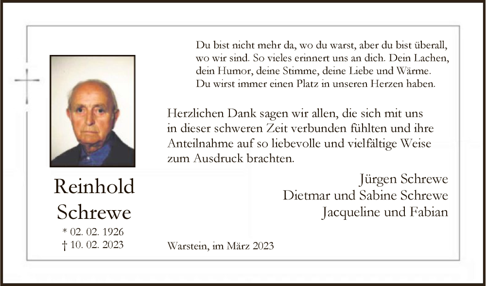  Traueranzeige für Reinhold Schrewe vom 25.03.2023 aus WA