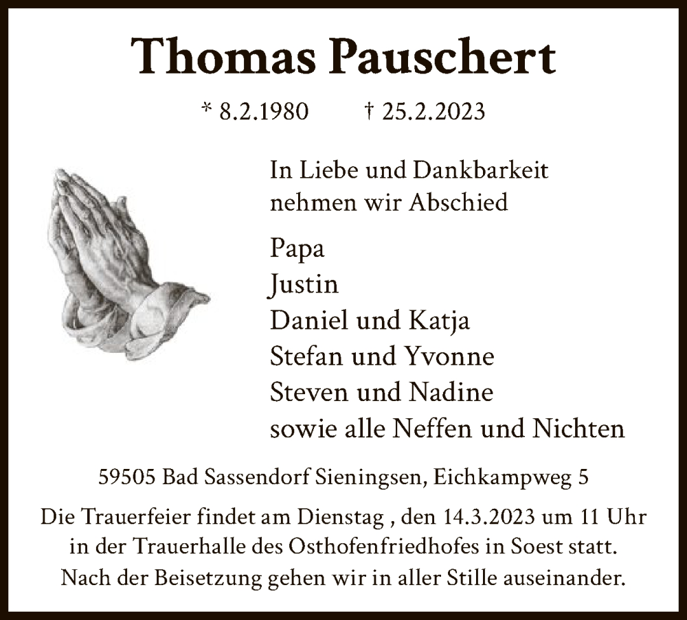  Traueranzeige für Thomas Pauschert vom 11.03.2023 aus WA