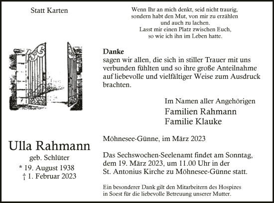 Traueranzeige von Ulla Rahmann von WA