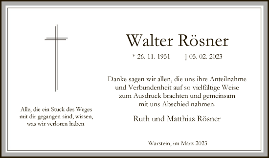 Traueranzeige von Walter Rösner von WA
