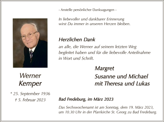 Traueranzeige von Werner Kemper von WA