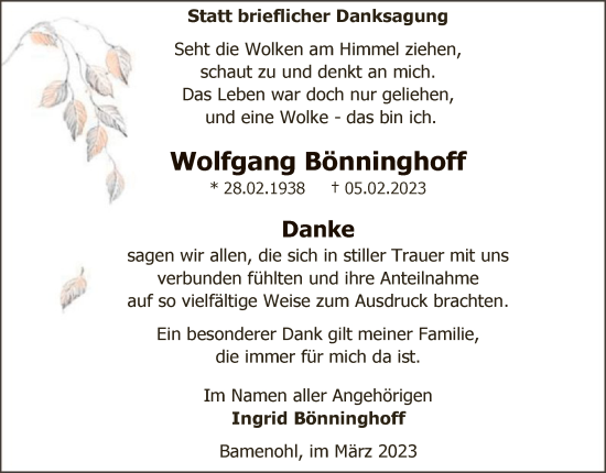 Traueranzeige von Wolfgang Bönninghoff von WA