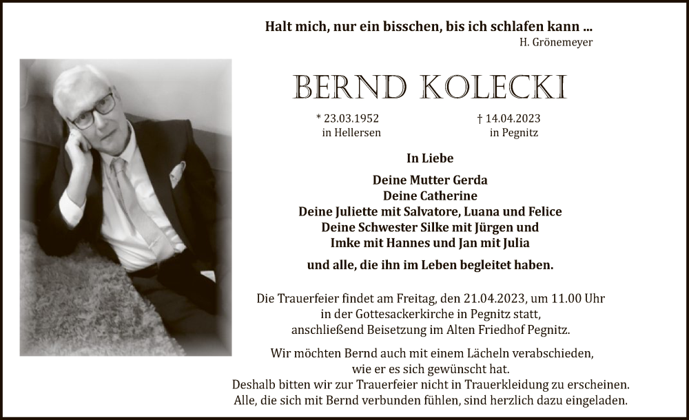  Traueranzeige für Bernd Kolecki vom 18.04.2023 aus WA