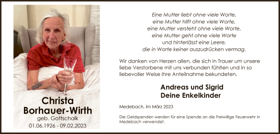 Traueranzeige von Christa Borhauer-Wirth von WA