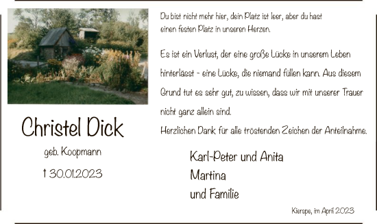 Traueranzeige von Christel Dick von WA