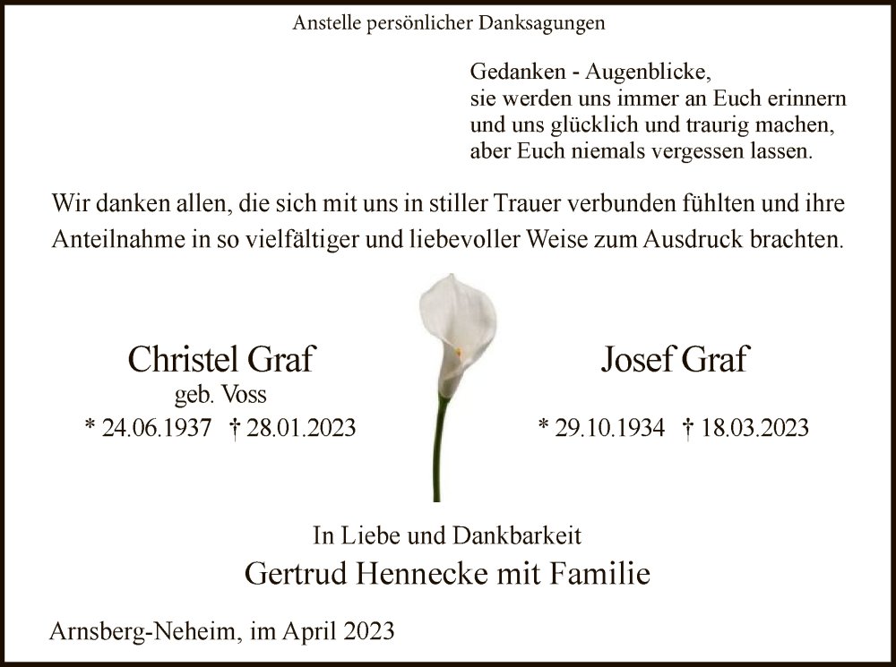  Traueranzeige für Christel und Josef Graf vom 29.04.2023 aus WA