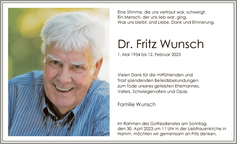  Traueranzeige für Fritz Wunsch vom 22.04.2023 aus WA