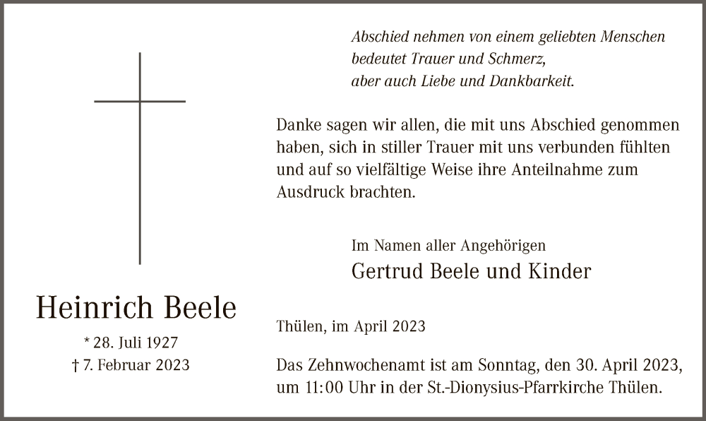  Traueranzeige für Heinrich Beele vom 22.04.2023 aus WA