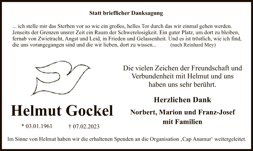  Traueranzeige für Helmut Gockel vom 08.04.2023 aus WA