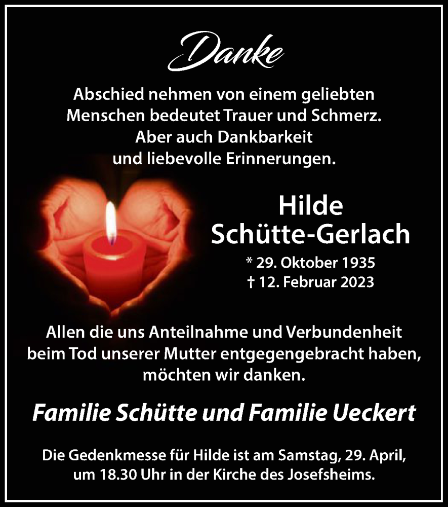  Traueranzeige für Hilde Schütte-Gerlach vom 22.04.2023 aus WA