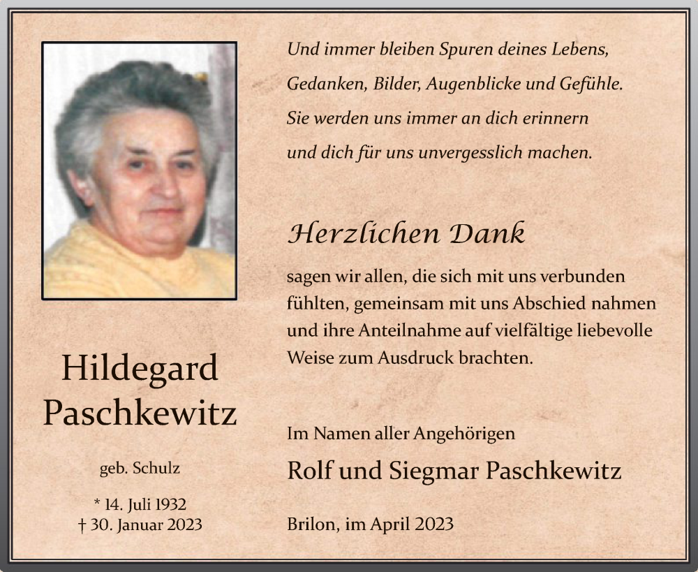  Traueranzeige für Hildegard Paschkewitz vom 22.04.2023 aus WA