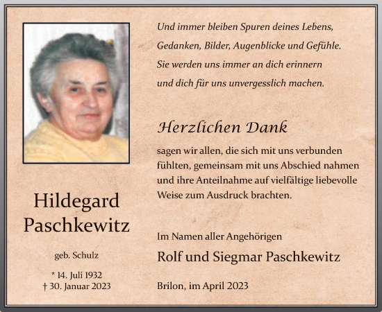 Traueranzeige von Hildegard Paschkewitz von WA