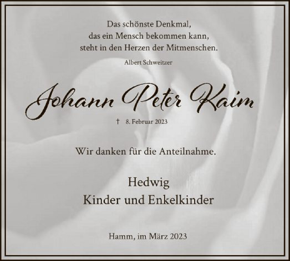  Traueranzeige für Johann Peter Kaim vom 01.04.2023 aus WA