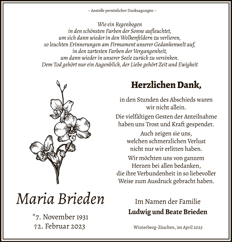  Traueranzeige für Maria Brieden vom 08.04.2023 aus WA