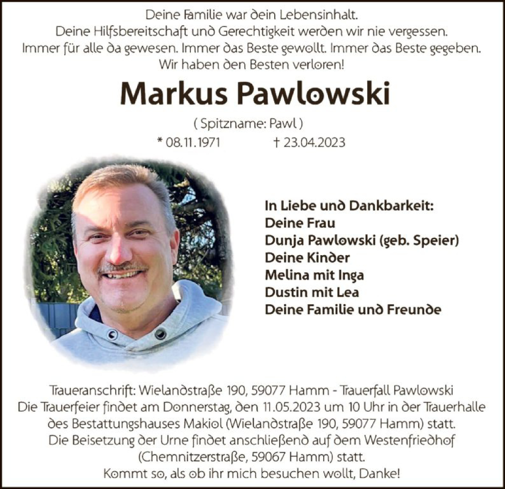  Traueranzeige für Markus Pawlowski vom 29.04.2023 aus WA