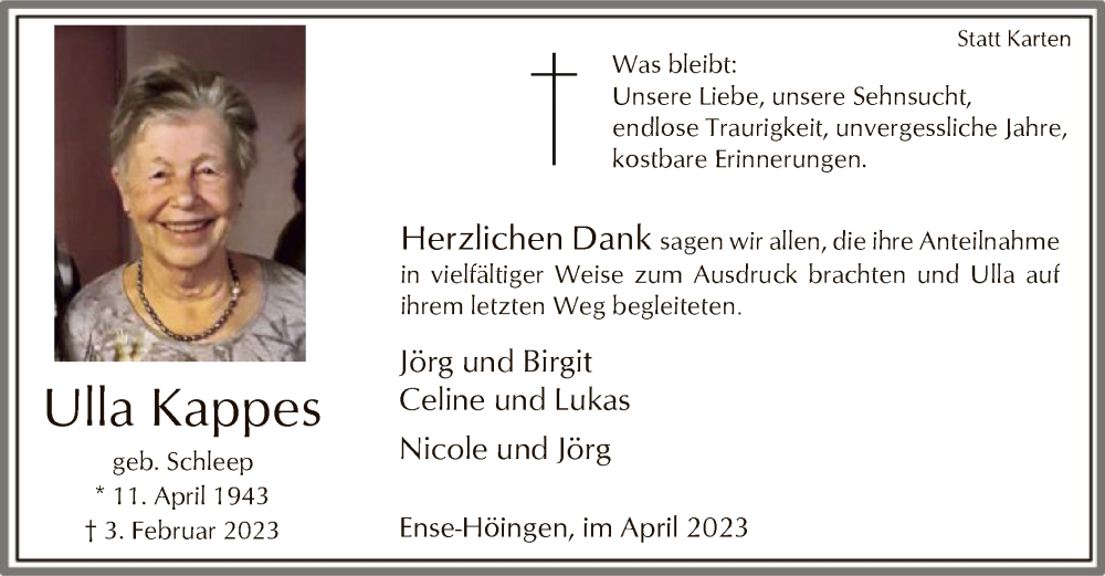  Traueranzeige für Ulla Kappes vom 05.04.2023 aus WA