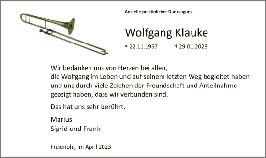 Traueranzeige von Wolfgang Klauke von WA
