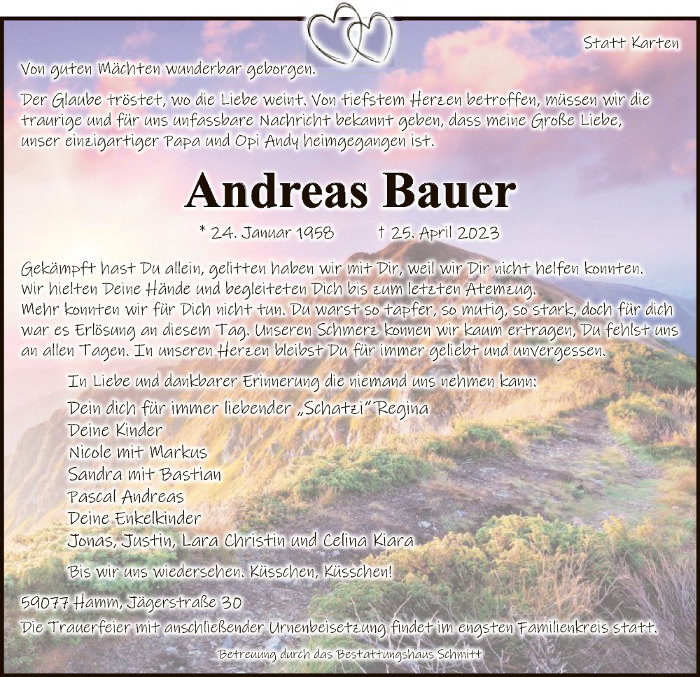  Traueranzeige für Andreas Bauer vom 06.05.2023 aus WA