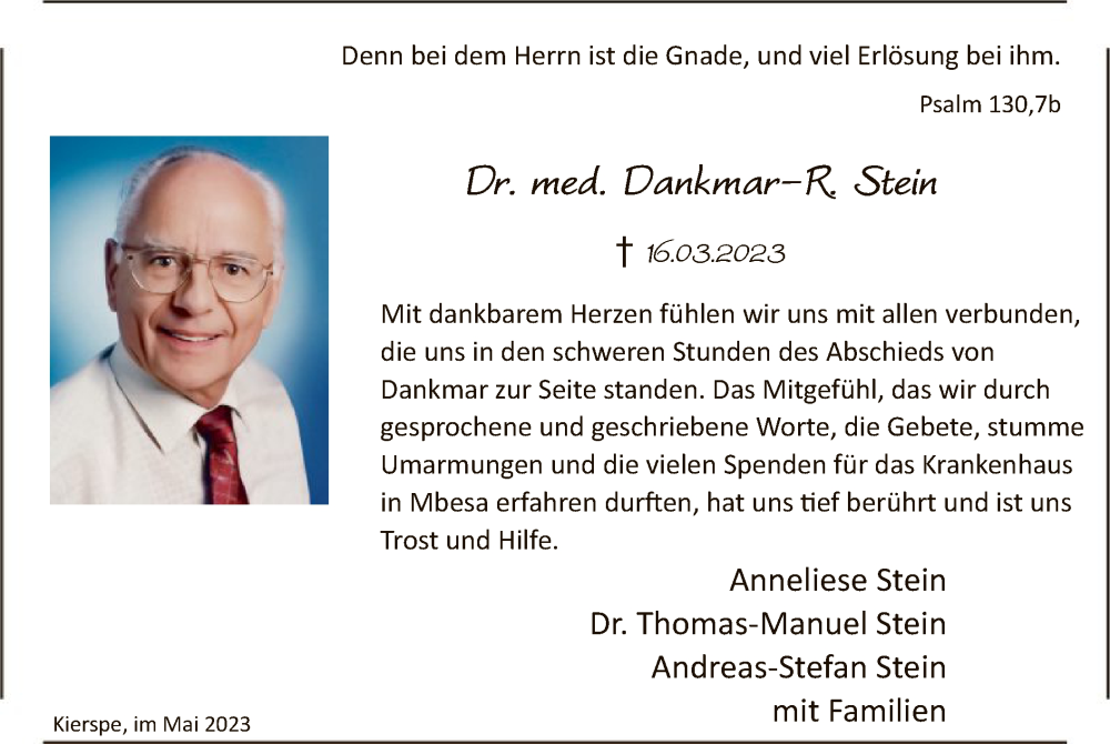  Traueranzeige für Dankmar-R. Stein vom 06.05.2023 aus WA